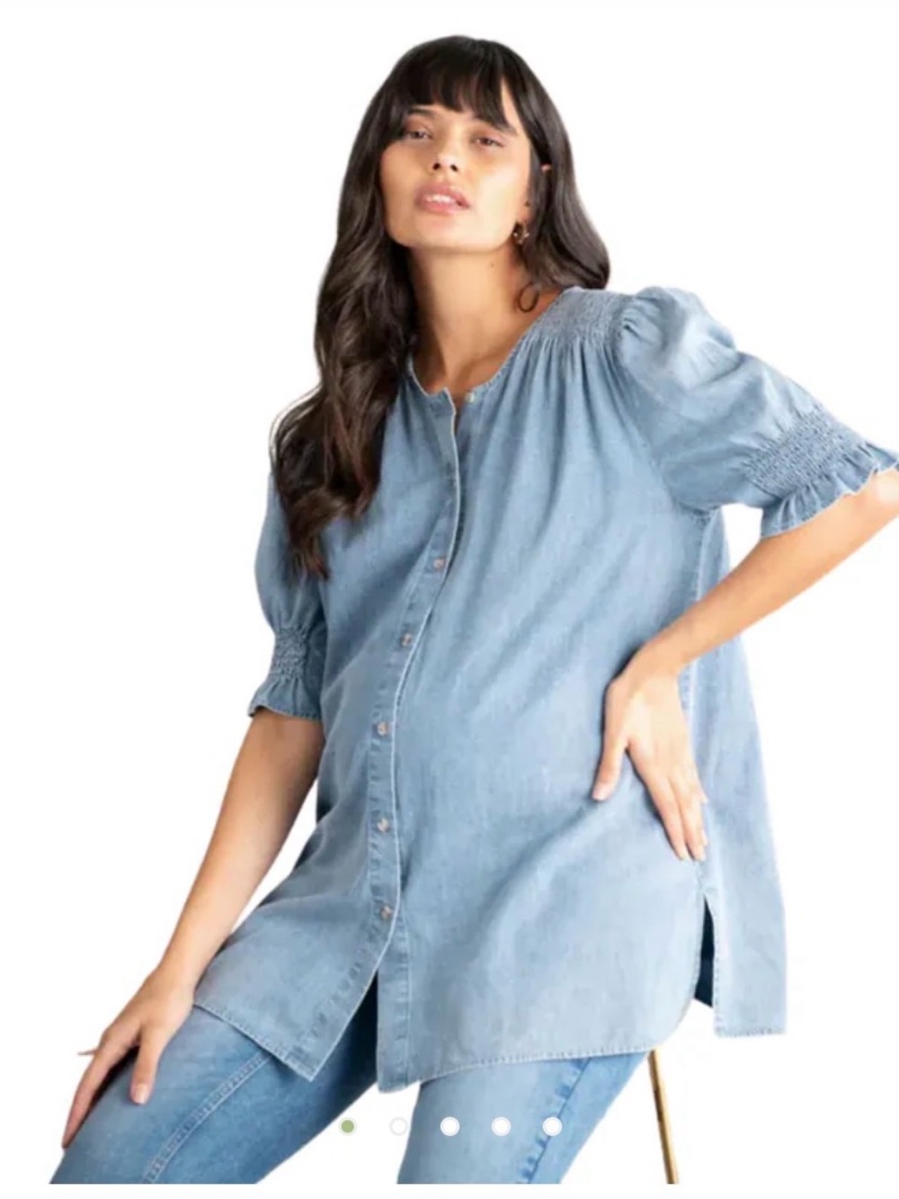 NEW Seraphine Maternity Nursing Blouse size 10 Shirred Sleeve Chambray Blue Top